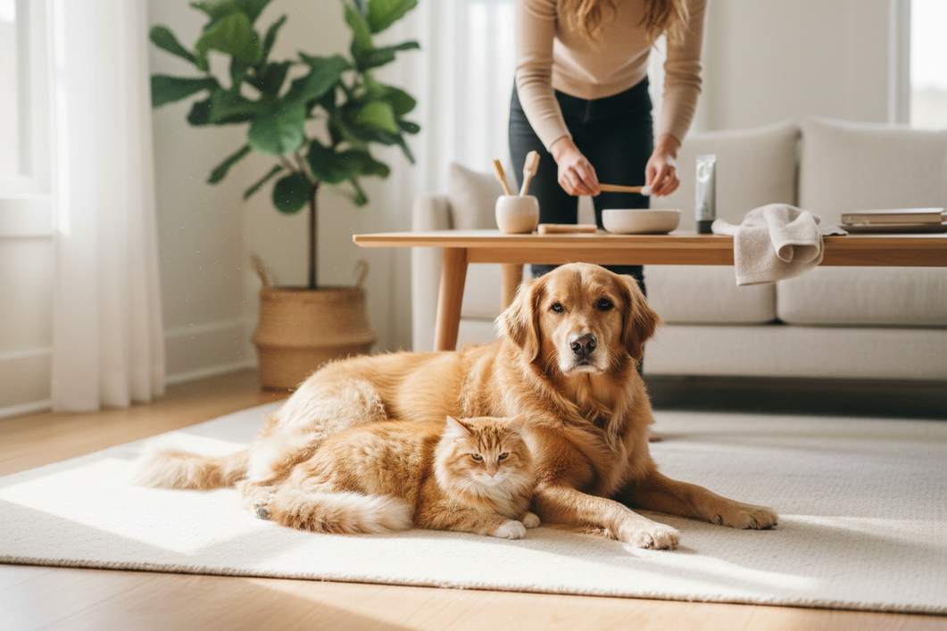 Small dog and cat in a calm home setting with a pet owner preparing a toothbrush and dental care items on a table