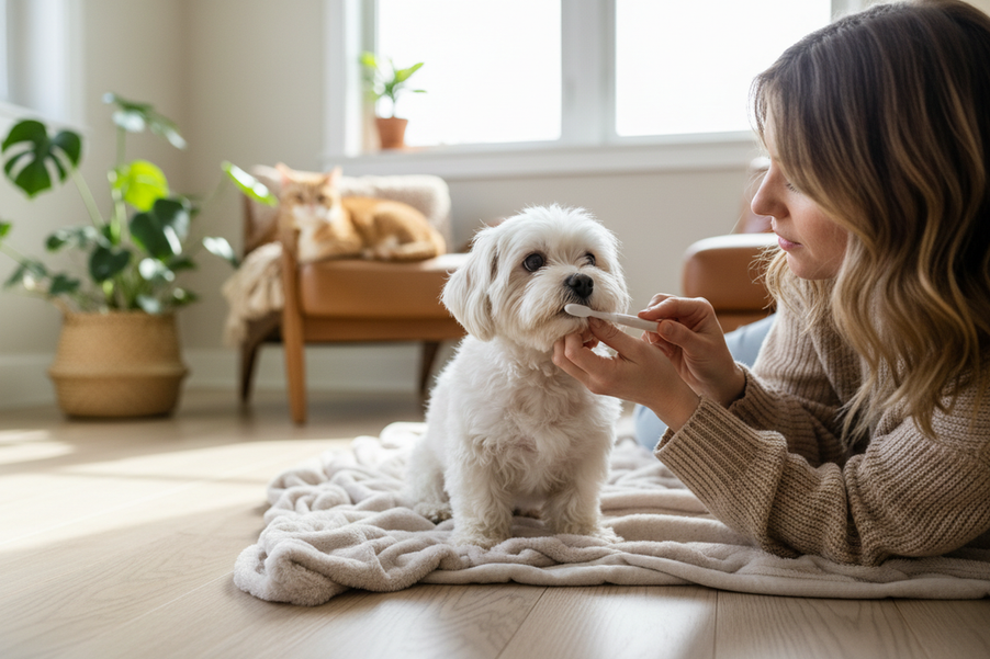 Toy breed dog being gently brushed on the teeth during a calm home dental care routine