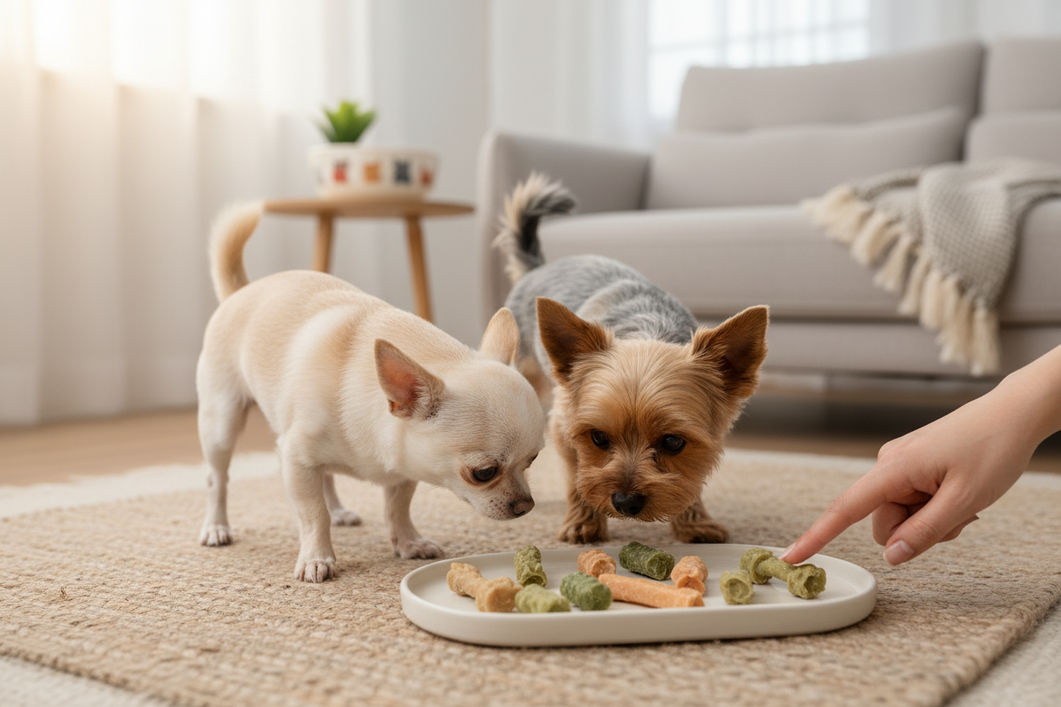 Small dog dental chews arranged beside a Chihuahua and a Yorkie in a calm home setting, showing a fit check for tiny mouths
