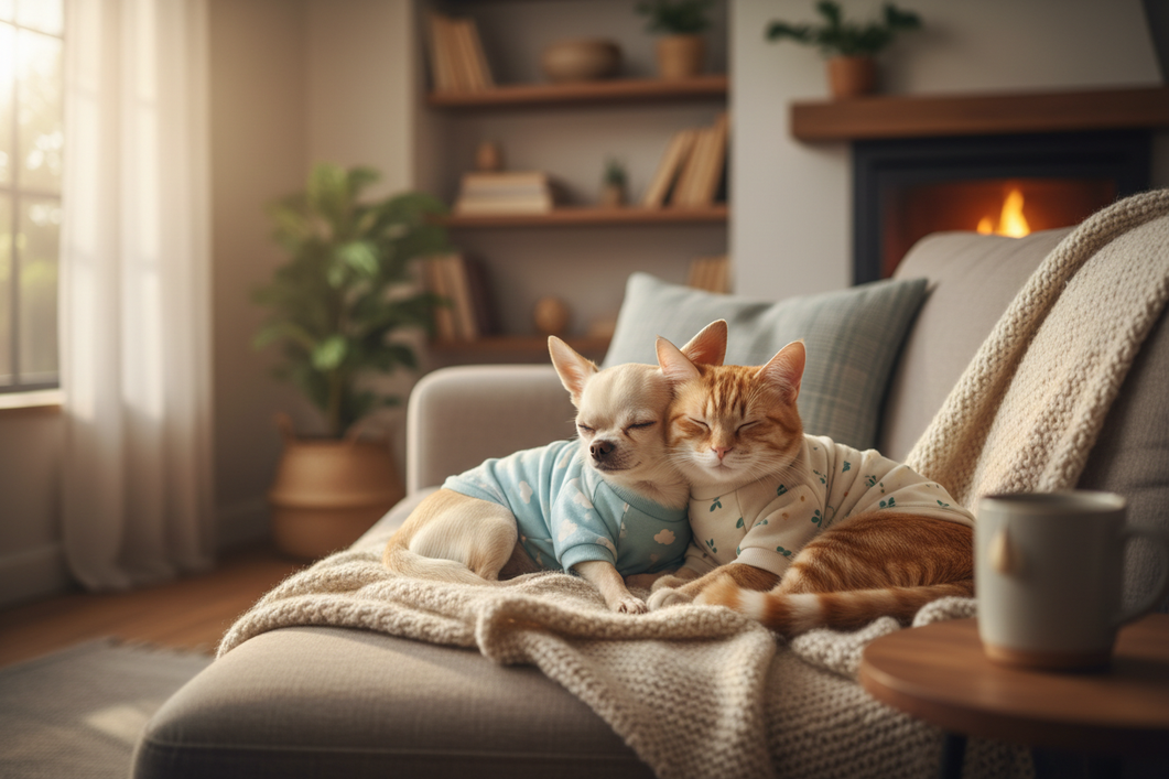 Two small dogs, one Chihuahua and one cat, resting together in soft recovery pajamas after a veterinary dental visit in a cozy home setting