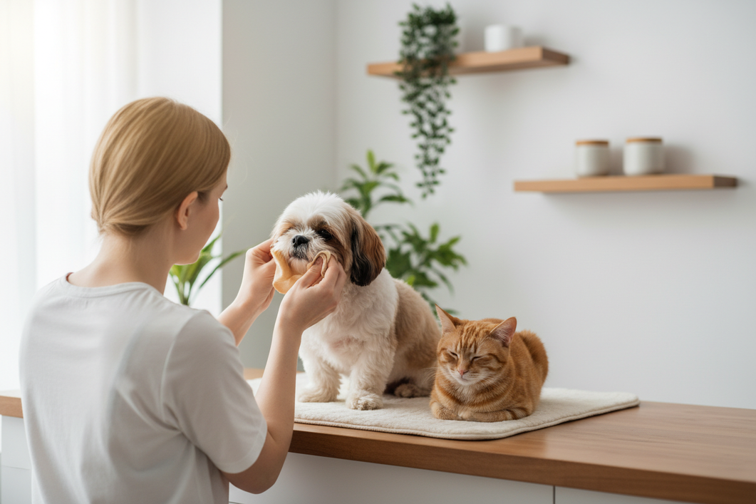 Shih Tzu and a small cat sitting side by side during a calm pet grooming routine, with a person gently cleaning the dog’s eye area in a bright home setting