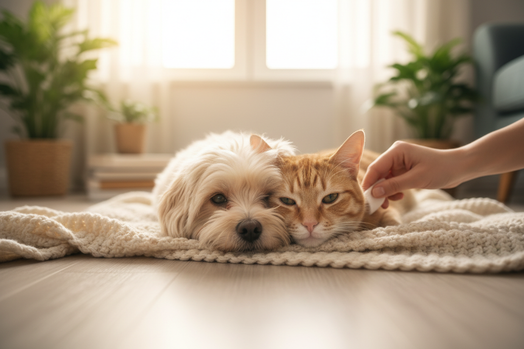 Small dog with a clean face wearing a soft, comfortable shirt while resting calmly indoors, showing a gentle everyday look for sensitive eyes.