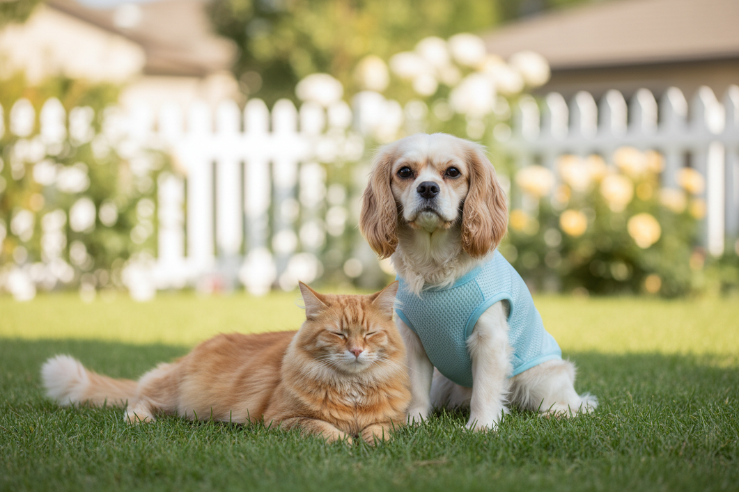 Small dog in a lightweight sun shirt with clear face space, standing outdoors in bright daylight with a cat nearby, showing comfortable eye-safe wear