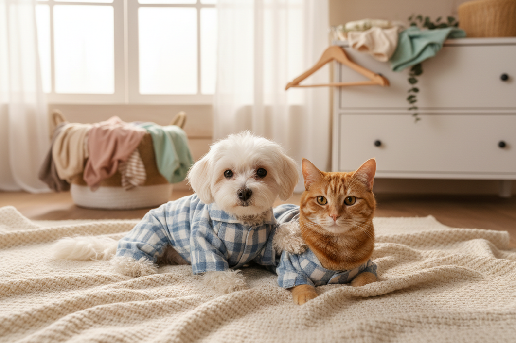 A small dog and cat wearing pet pajamas, posed together in a cozy home setting with soft natural light