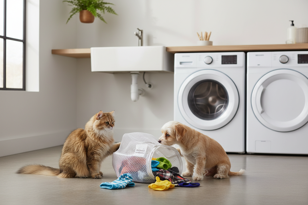 A small dog and a cat beside a mesh laundry bag filled with tiny pet outfits in a bright laundry room