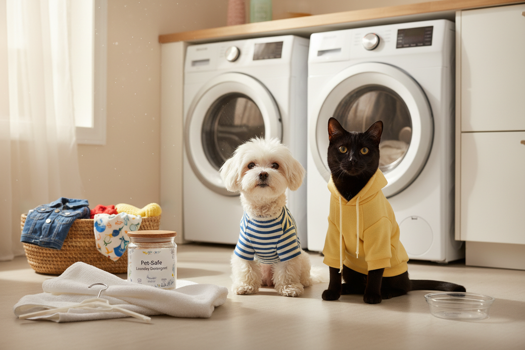 Dog pajamas and a cat outfit displayed together after laundry, showing how pet clothes can change fit from washing and drying
