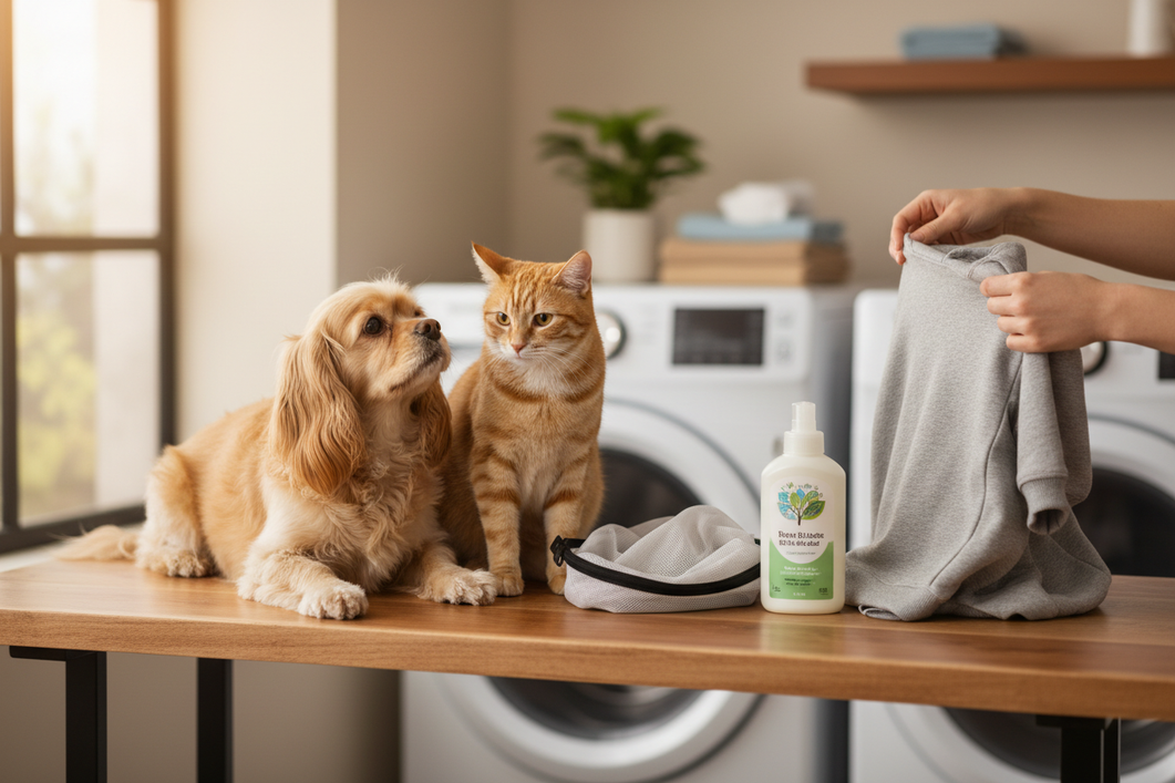 Dog hoodie care scene with a small dog and a cat beside a folded hoodie on a laundry table, showing gentle washing and shape-safe drying at home.
