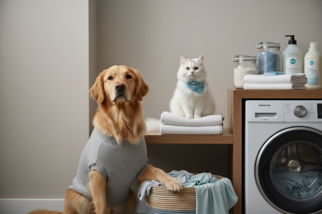 A dog and a cat wearing pet clothes in a laundry room-style setting, showing fabric care and washing preparation for pet apparel.