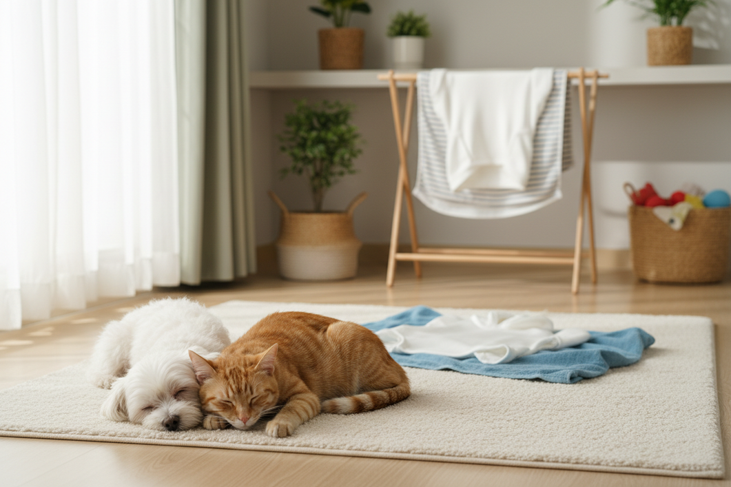 A small dog and a cat near pet clothes laid out to dry, showing a gentle air-dry setup for sweaters and pajamas