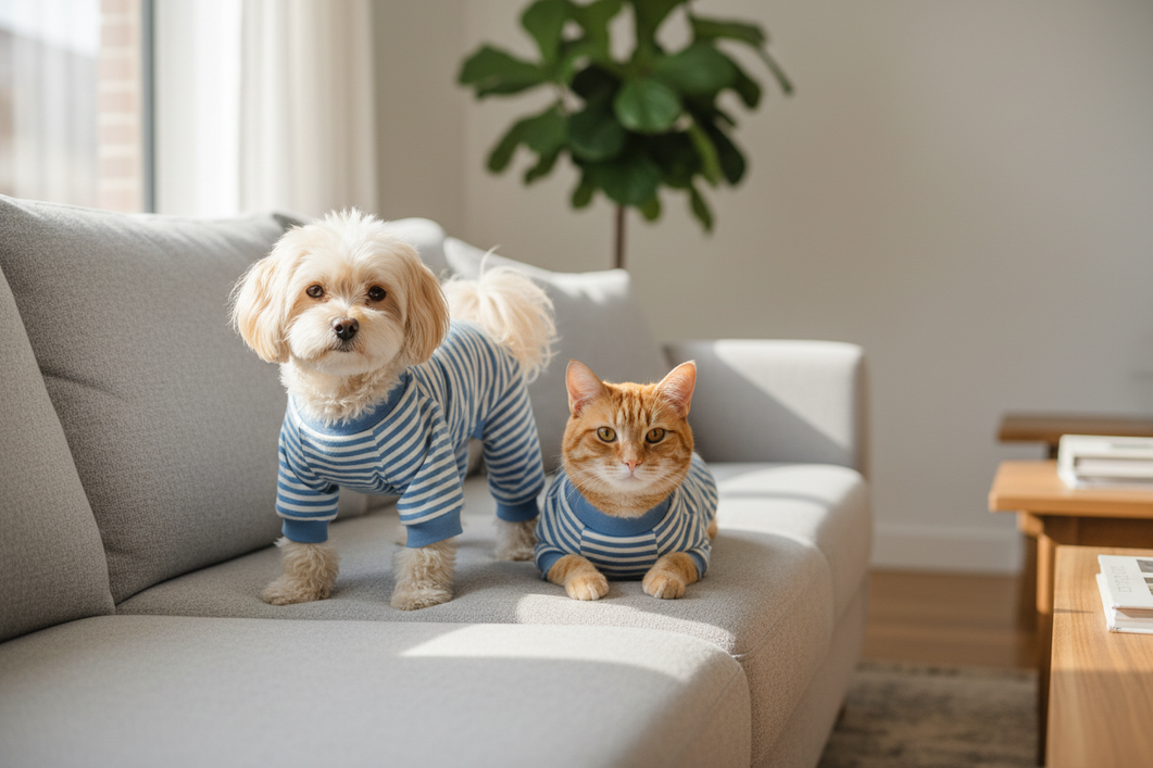 Small dog and cat together in soft pet pajamas on a couch, showing a calm fit check for pet clothing comfort