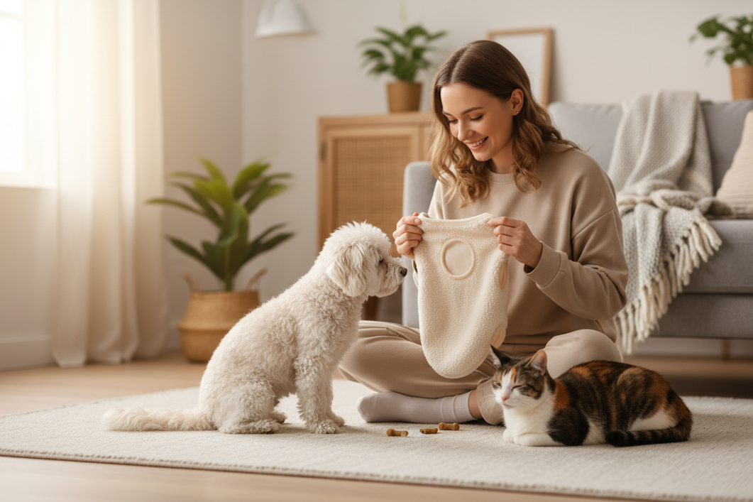 Small dog and cat together in a calm indoor training scene with a person gently introducing a soft pet garment for first-time clothing practice