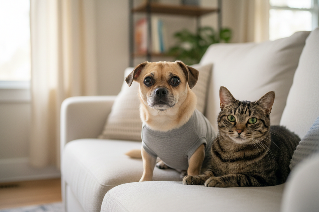 Small anxious dog wearing a snug calming shirt indoors beside a calm cat, showing a relaxed trial of pressure-based comfort clothing