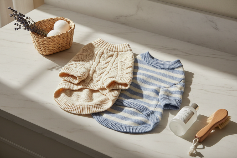 Dog sweater and cat sweater displayed side by side on a clean laundry surface, showing a soft pet apparel care scene
