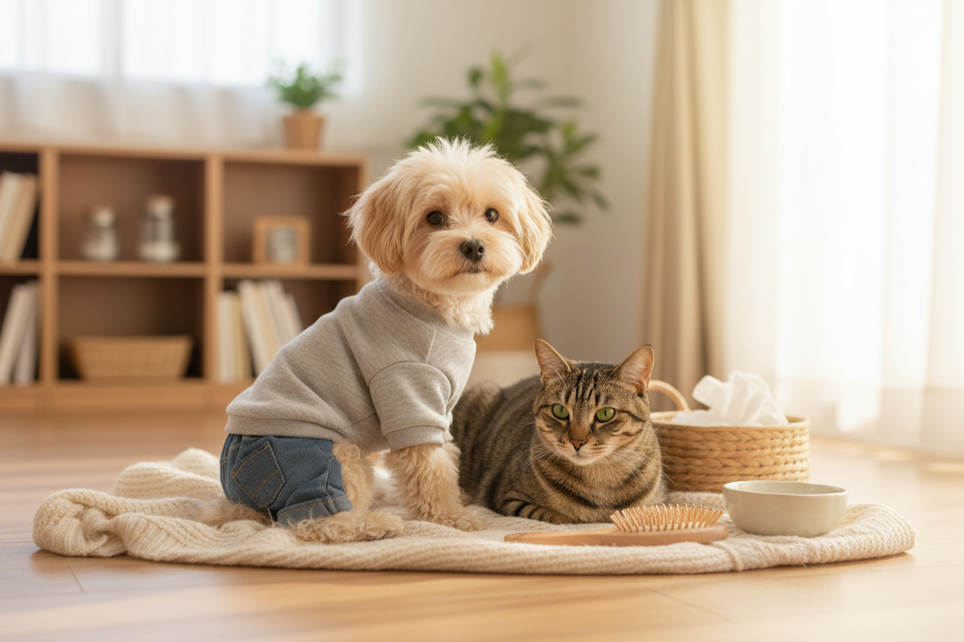 Small dog in a cozy outfit with a cat nearby, styled like a pet care hero image for clothing and coat routine