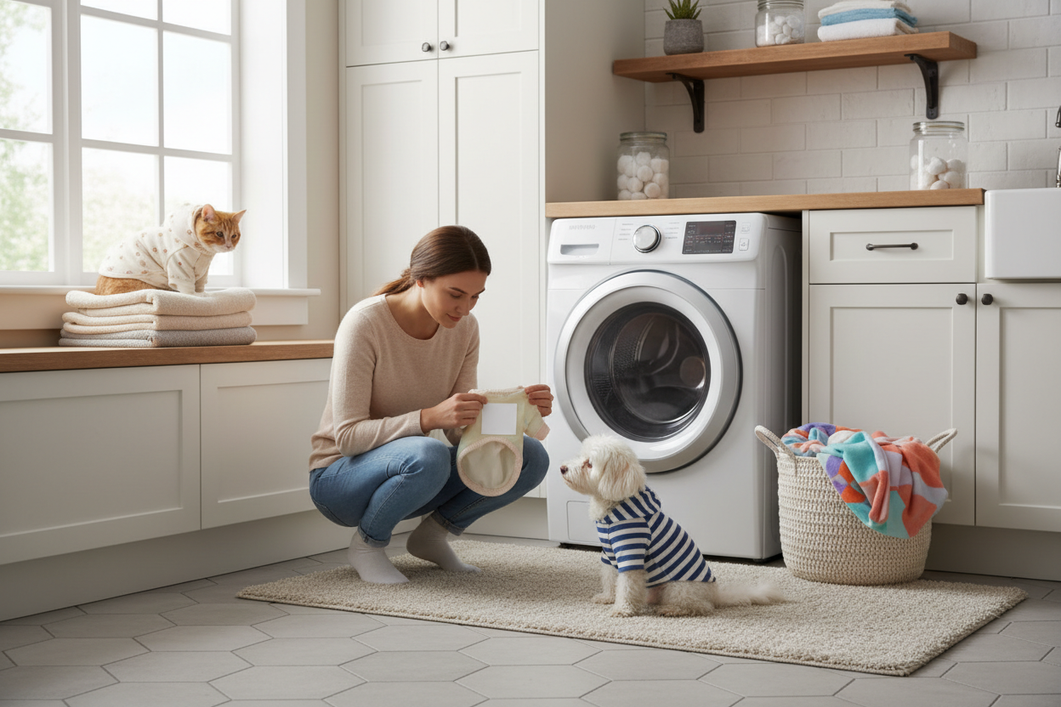 A small dog and a cat wearing cozy pet clothes while a person checks a care tag on one garment in a bright home laundry area.