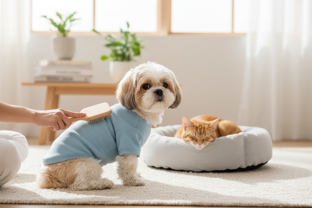 Shih Tzu being gently brushed at home while wearing a light outfit, with another small pet nearby for a cozy blended pet scene