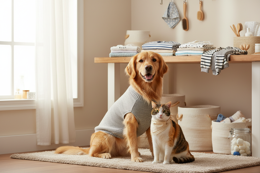 A cat and a dog in a cozy laundry and pet apparel scene, with one pet wearing a soft casual shirt and the other beside folded pet clothes, shown as a broad editorial hero about fabric shrinkage and fit care.