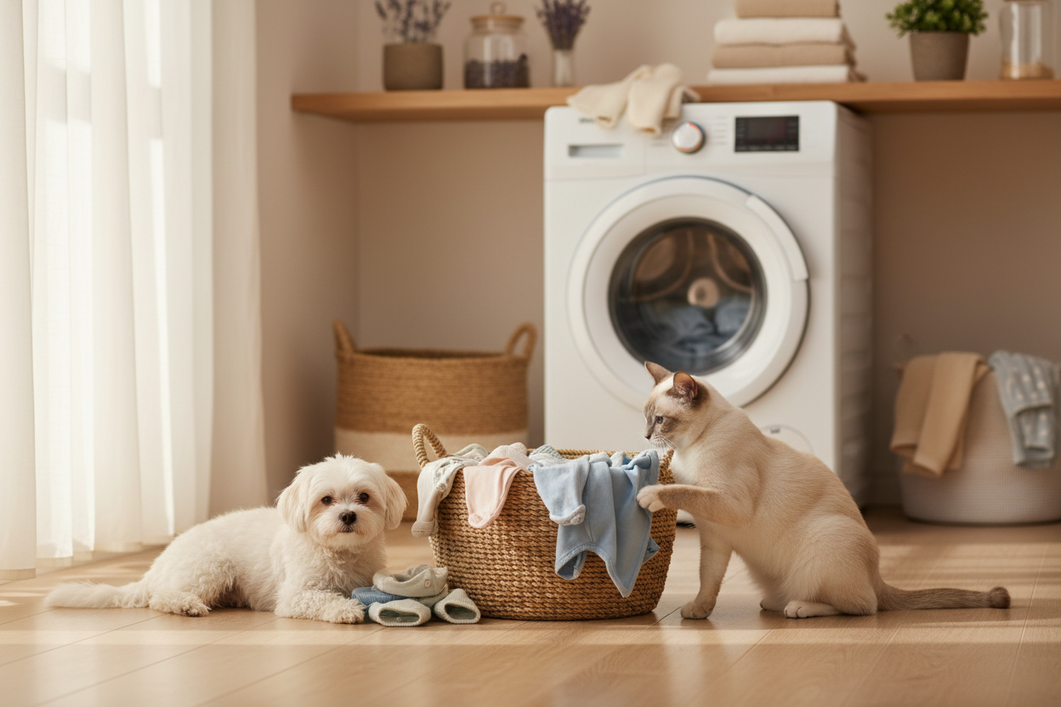 A small dog and a cat near a pile of pet clothes in a laundry room, showing safe washing prep for sensitive-skin pet apparel