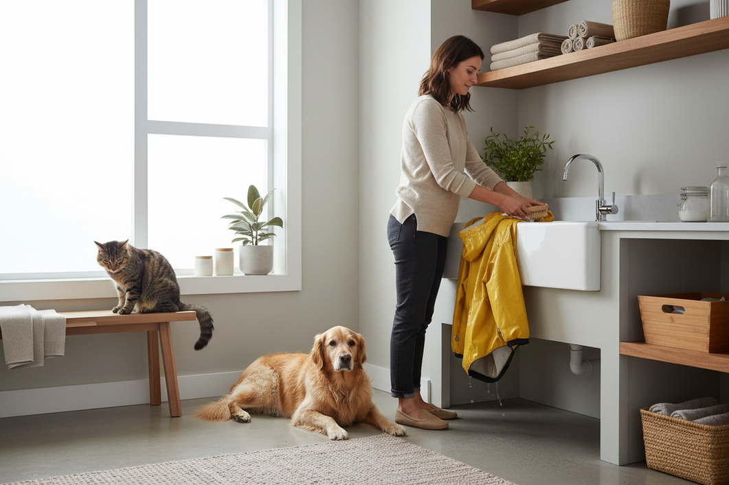 A person gently washing a dog raincoat beside a calm dog and cat at a utility sink, with pet care items nearby