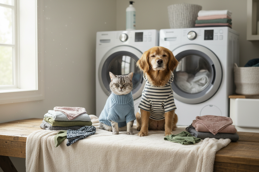 A small dog and cat wearing pet clothes together in a bright laundry room, with fresh folded garments and a clean washer nearby.