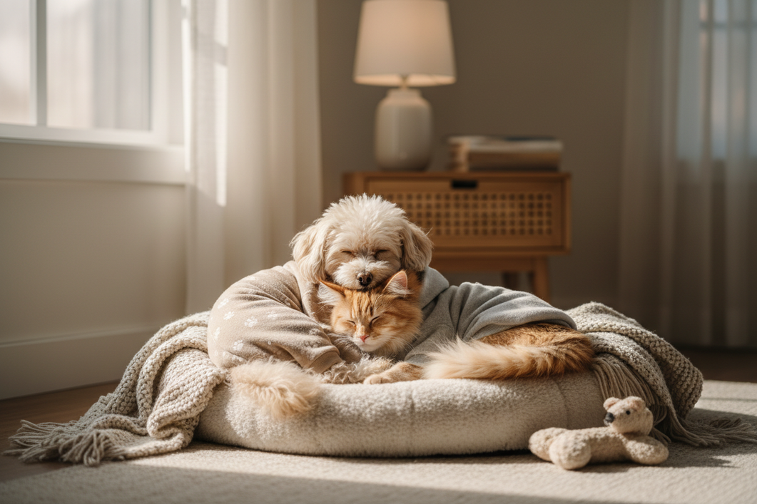 A small dog and a cat resting together on a couch in soft pet pajamas, showing a cozy indoor bedtime scene with comfortable layering.