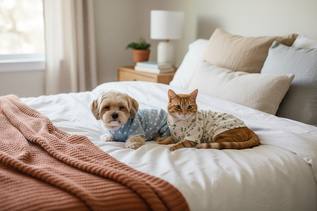 Small dog and cat wearing pajamas indoors on a cozy bed, showing pet sleepwear fit and care for nightly use
