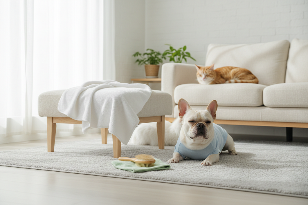 French Bulldog wearing a lightweight dog shirt indoors with a calm, tidy grooming setup nearby