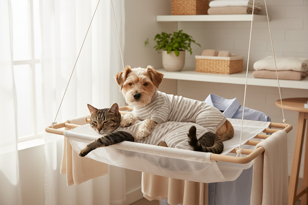 Two small pets wearing cozy dog pajamas while drying flat on a clean rack in a bright laundry room