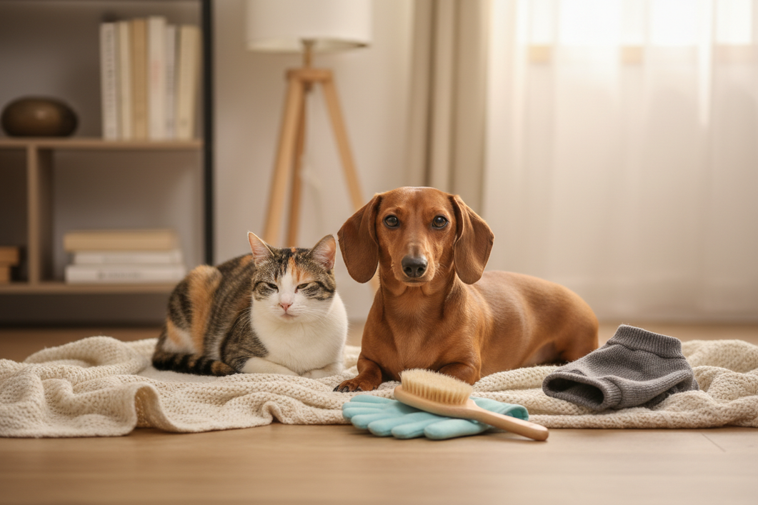 A smooth-coated Dachshund indoors with a grooming mitt and a light winter layer nearby, shown in a calm pet care setting.