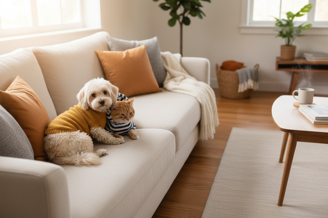 A small dog and a cat wearing cozy knit pet clothes, shown in a warm home setting as a general editorial hero image about caring for shrunken pet apparel.