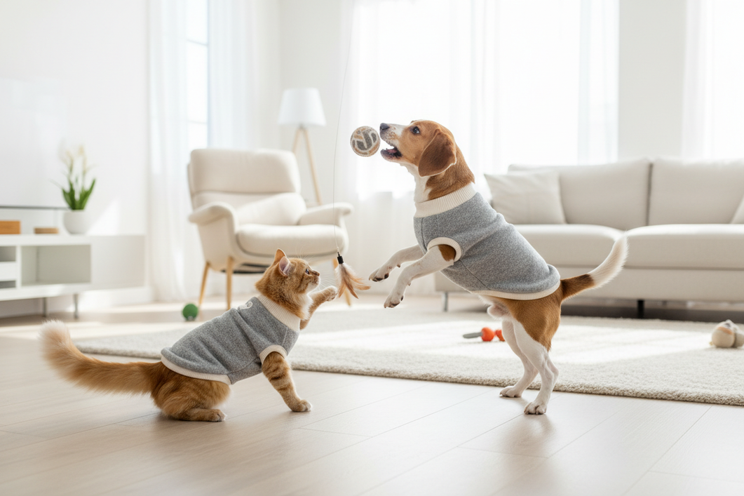 Small dogs wearing secure-fitting pet pajamas and a hoodie while playing indoors, showing snug openings that stay in place during movement