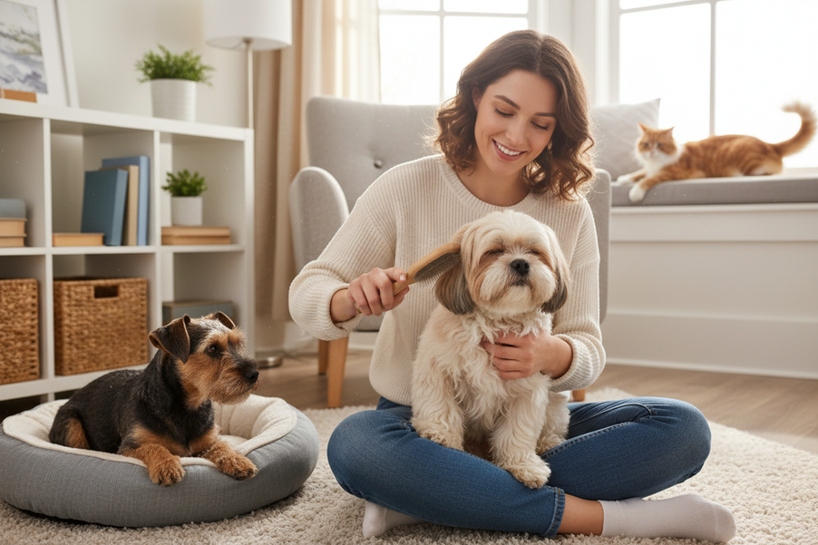 Small dog grooming setup showing a fluffy toy dog being gently brushed while another small dog looks on nearby in a tidy home setting