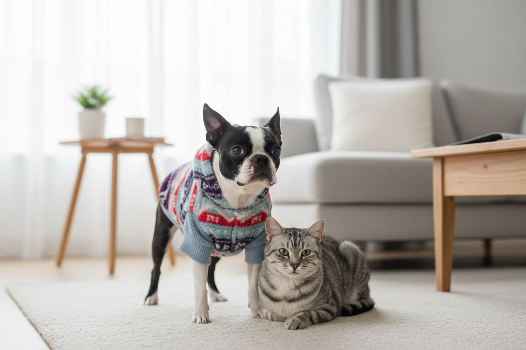 Boston Terrier wearing a dog hoodie with a roomy chest and relaxed front-leg movement