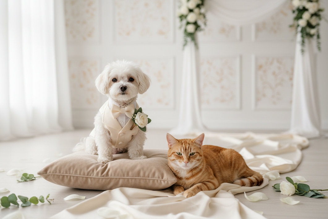 Small dog and cat posed together at a wedding fitting, showing a comfortable pet outfit for a ceremony photo