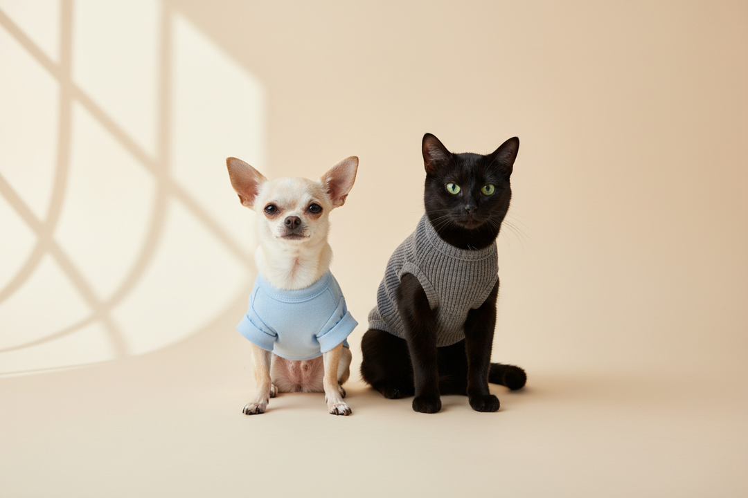 A tiny Chihuahua and a cat share a cozy pet outfit fitting scene on a neutral studio background, showing how proportions and fabric weight affect small pets.