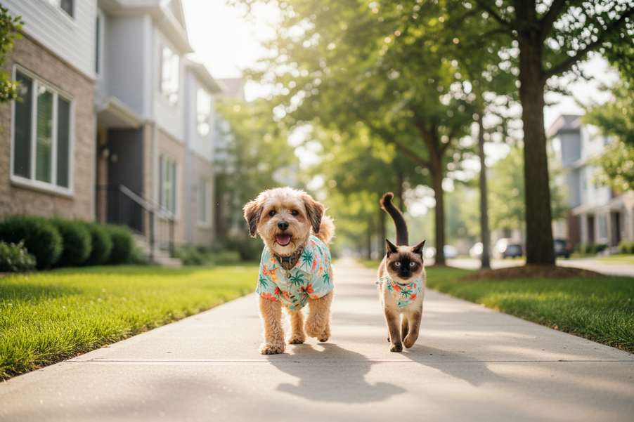 Small dog wearing a lightweight breathable shirt on a sunny sidewalk walk in warm weather
