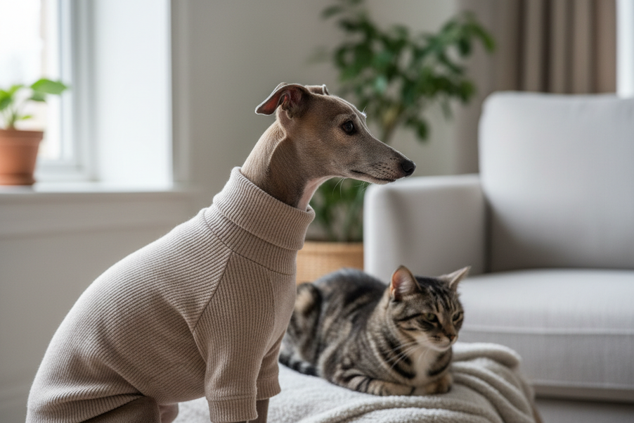 Italian Greyhound in a fitted winter sweater on a slim dog, shown from the side indoors for fit and proportion checking