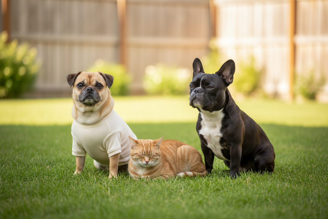 Two small short-haired dogs in a sunny outdoor setting, one wearing a lightweight sun protection shirt while the other stands beside it for size and coverage comparison