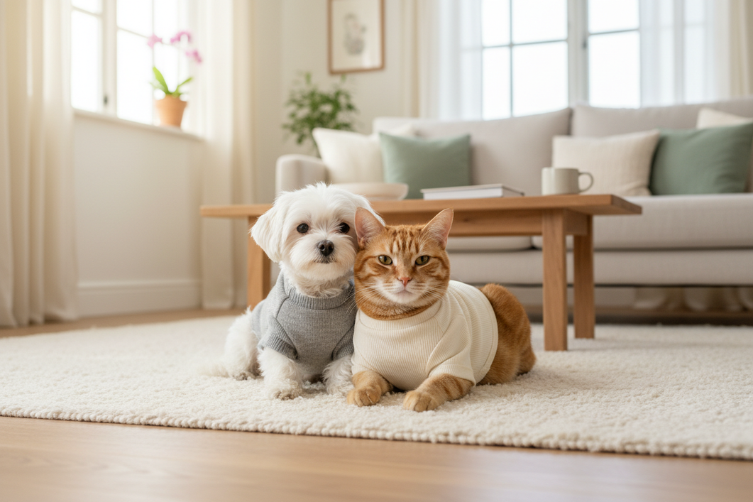 A small dog and a cat wearing simple pet clothes together on a living room sofa, showing a warm everyday style comparison
