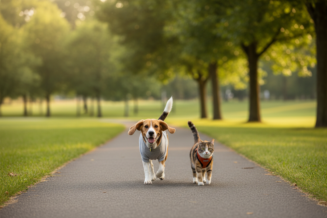 Beagle in a lightweight hoodie and small cat in a soft pet layer sharing an outdoor walk on a grassy path