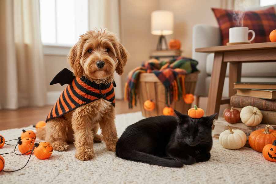 A small dog wearing a simple Halloween outfit while standing calmly beside a cat for a festive pet photo