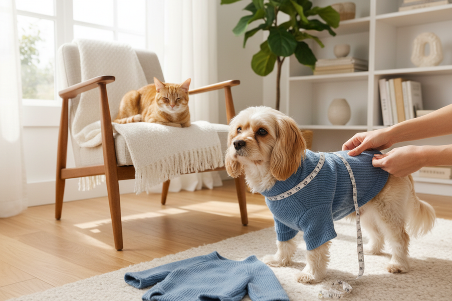 Dog and cat together in a soft, realistic pet clothing fitting scene, with a person comparing measurements on a small dog while a cat sits nearby on a table, natural home setting