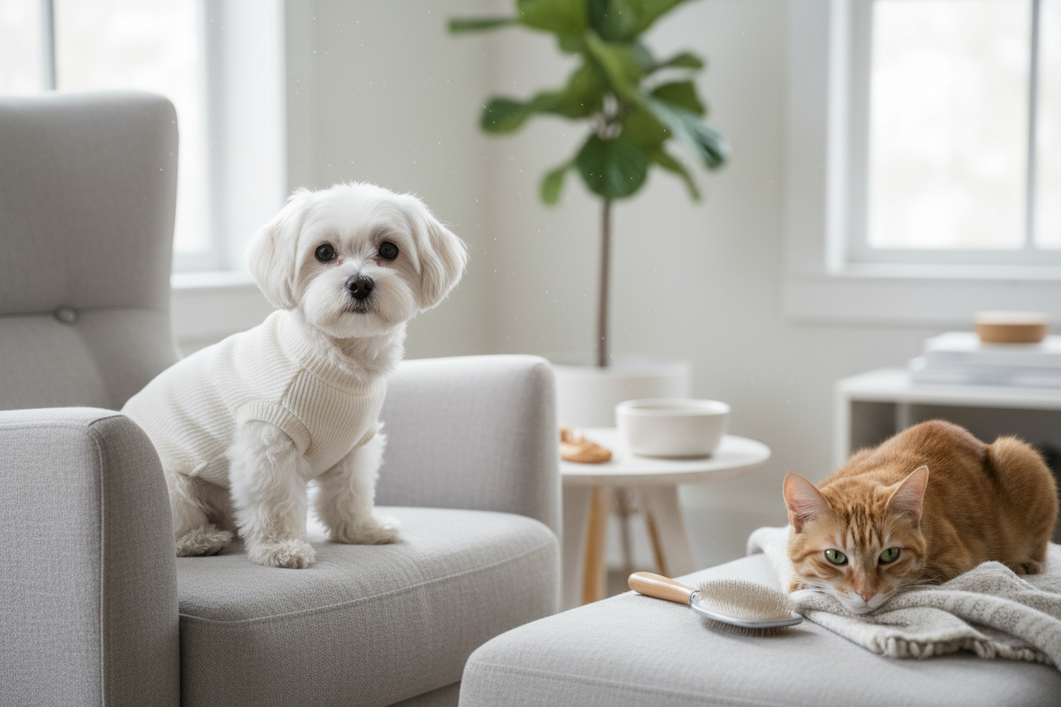 A small white Maltese wearing a lightweight, soft dog outfit indoors while calmly standing on a couch beside a grooming brush