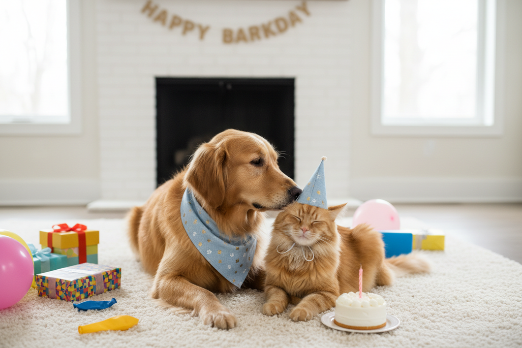 Cat and dog together wearing a festive birthday outfit, shown in a calm at-home scene with comfortable fit and easy movement