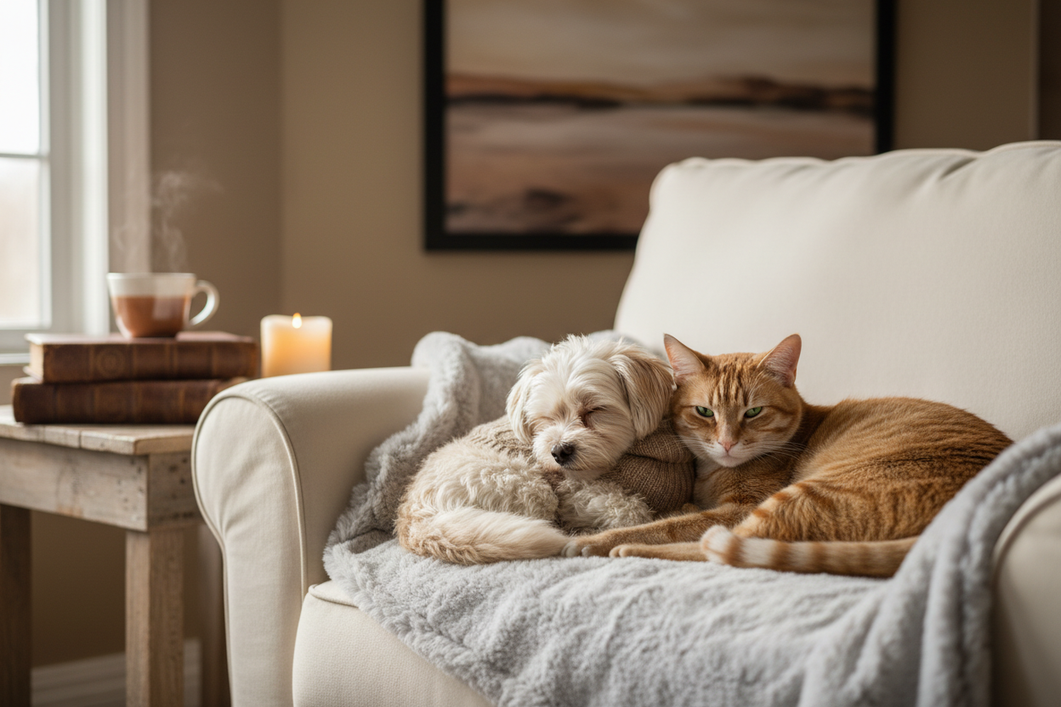 Small dog and cat together in a cozy winter scene, with the dog wearing a lightweight sweater indoors and the cat beside it for a blended pet lifestyle image