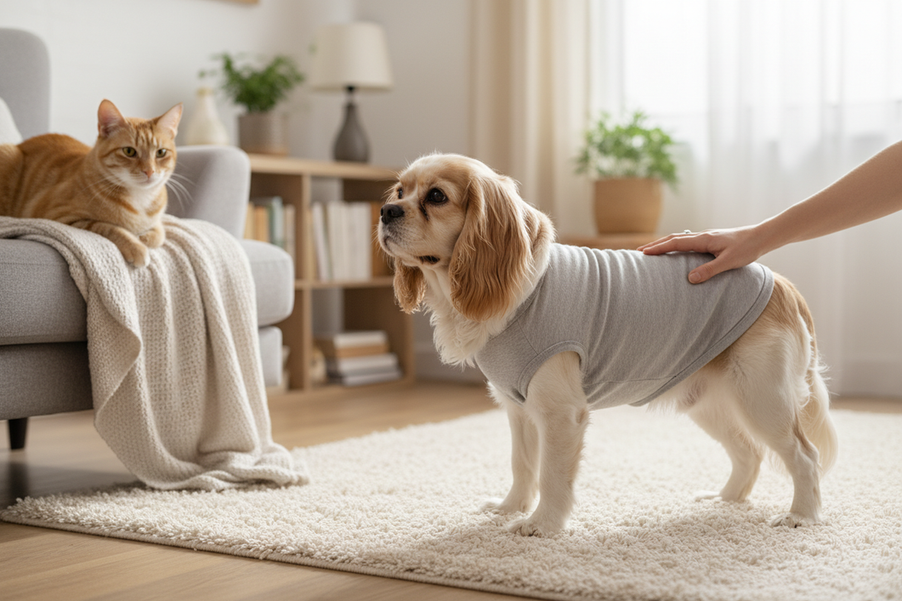 Small dog wearing a calming shirt indoors while another pet sits nearby, showing a supervised calm trial and comfort check