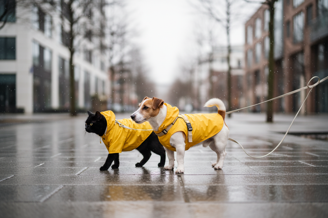 Dog and cat wearing a raincoat together on a rainy city sidewalk, showing back coverage and exposed underside fit without blocking movement