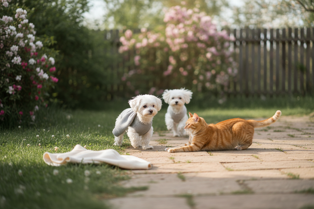 Small dog wearing a light layer on a cool spring walk with a cat nearby in a park path setting