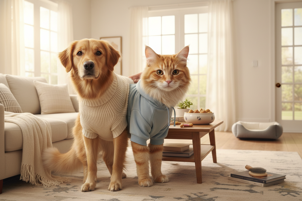 A dog and a cat are gently blended into one shared frame, both wearing simple pet clothing and resting side by side in a clean home setting.