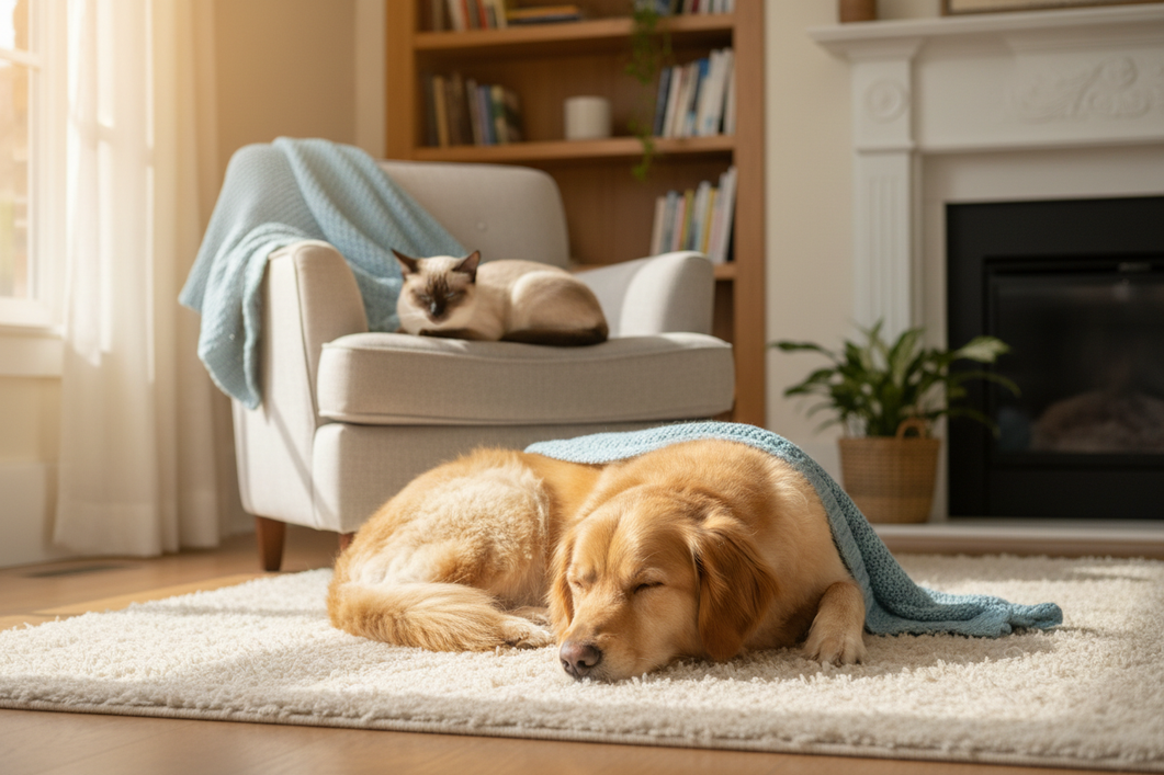 A freshly groomed dog resting indoors beside a cat, both calm and comfortable on a cozy couch after a grooming appointment
